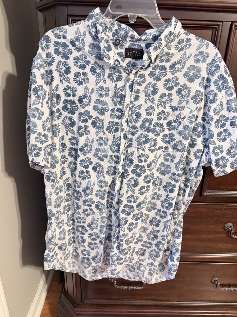 Jachs White Short-Sleeve Button-Up with Blue Floral Print